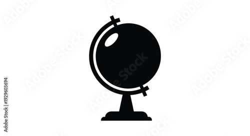 A stark black graphic depicts a classic world globe with prominent meridians and a stand rendered as a silhouette