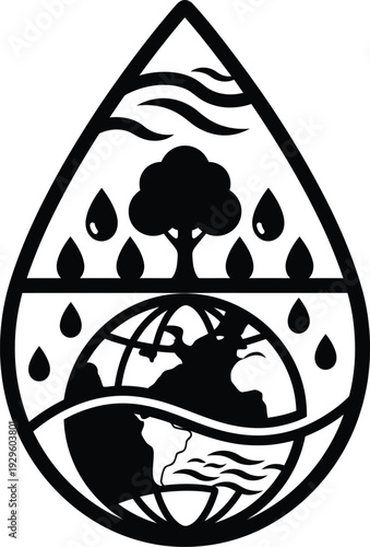 Environmental silhouette logo with tree globe and water droplets