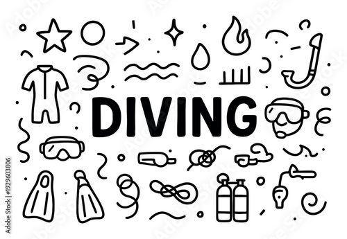 Diving equipment and symbols arranged around text