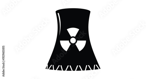 A stark black silhouette of a nuclear power plant with a prominent warning symbol representing energy and danger silhouette