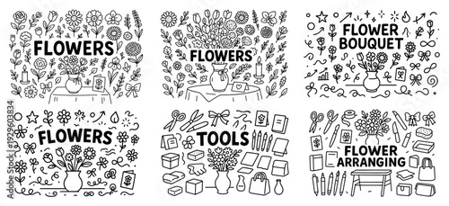 Floral bouquet and arranging doodle frames