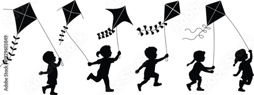 Large collection of black silhouettes featuring diverse young boys and girls running and playing with flying kites in various active outdoor poses isolated on white