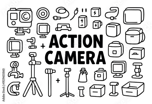 Black outline action camera accessory sketches