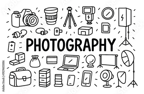 Hand drawn photography equipment doodles and text
