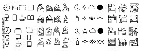 Sleep and bedtime routine icons in outline style