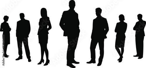 Large collection of black silhouettes featuring professional business men and women standing in formal suits and corporate attire isolated on white background for success
