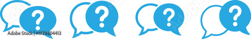Blue speech bubbles with question marks in rows on white background