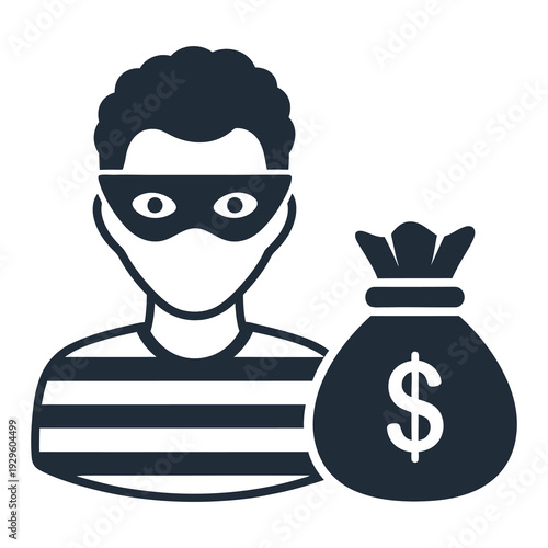 Thief with money bag and mask on face  criminal and finance concept icon