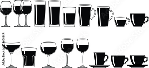 Coffee cups and wine glasses set, beverage drinkware collection silhouette illustration isolated on white background