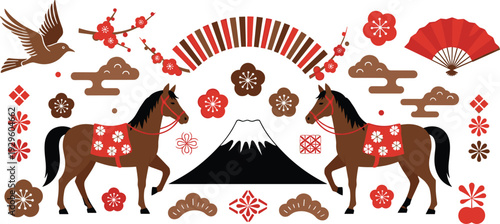 Japanese New Year Horses with Mount Fuji Traditional Vector Illustration