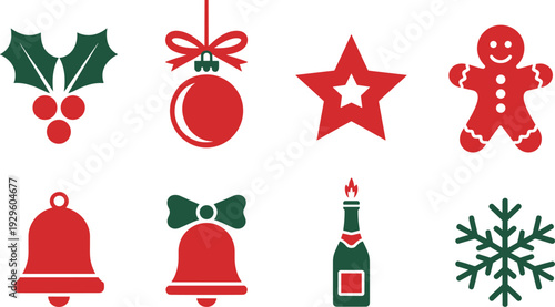 Set of red and green Christmas holiday icons isolated on white background, featuring gingerbread man, snowflake, holly berries, ornament, bell, and champagne bottle for festive winter season design.