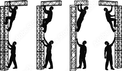 Construction worker climbing tower crane silhouettes, industrial rigging and assembly at height, steel framework vector illustration set