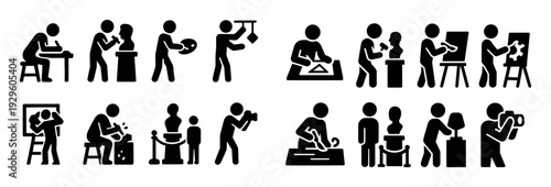 Icons portray creative and educational activities in silhouette style