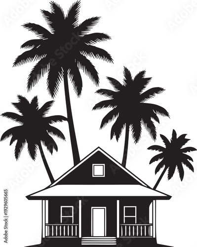 Traditional tropical island cottage silhouette with surrounding coconut palm trees for exotic vacation and travel destination