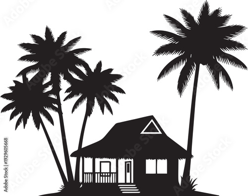 Tropical beach hut silhouette with coconut palm trees and island house for exotic summer vacation and resort travel illustration