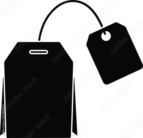 Black silhouette of a tea bag with string and label vector illustration