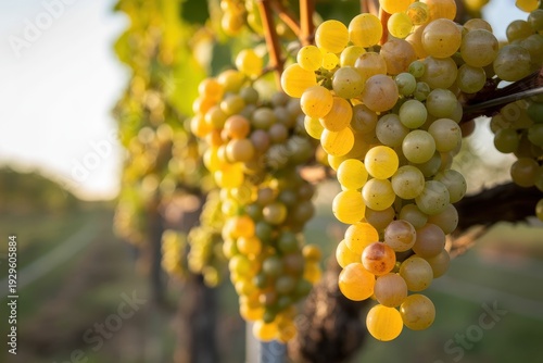 Ripe white grapes hanging on a vine in a vineyard at sunset