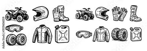 Motorsport icons with atv helmet gloves minimal