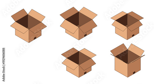Set of open brown cardboard boxes in different angles for packaging delivery and shipping service on isolated white background illustration.
