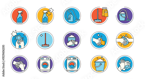 Large collection of cleaning and laundry service icons in circular frames featuring buckets mops and spray bottles.