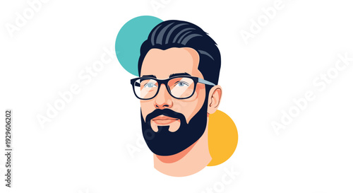 Modern portrait illustration of a man with a beard and glasses shown against a minimal background with geometric shapes.