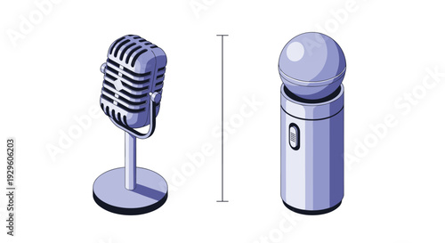 Modern and vintage microphones shown in an isometric view for podcasting broadcasting and professional audio recording.