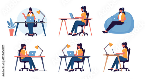 Collection of women working on laptops at desks and in bean bag chairs for corporate and freelance office concepts.