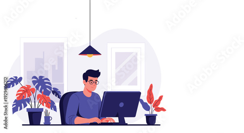 Man working on a computer at a home office desk with indoor plants and office supplies in a modern flat vector style.