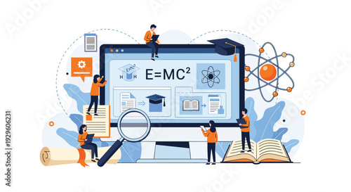 Online education platform concept with tiny students and a graduation cap around a large computer screen with formulas.