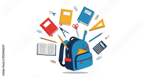 Blue school backpack with various colorful school supplies floating around it for back to school education concepts.