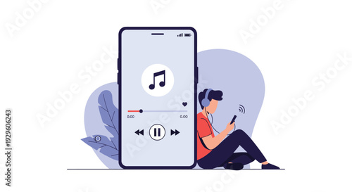 Young person sitting and listening to music on a smartphone with headphones next to a giant digital music player.