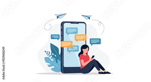 Young woman using a smartphone while sitting next to a giant mobile phone with message bubbles for communication.