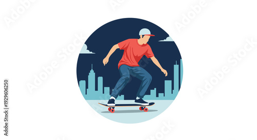 Skateboarder performing a trick against a city skyline at night inside a circular frame for urban sports themes.