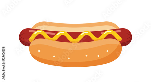 Classic hot dog illustration with a grilled sausage and yellow mustard inside a soft bun for fast food concepts.