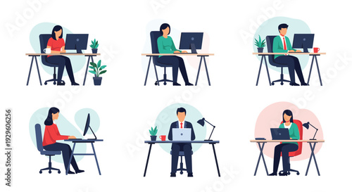 Set of office employees working at desks with computers for corporate business and remote workspace illustrations.