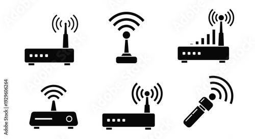 Set of black icons representing wireless internet routers and wifi signals for networking and technology concepts.