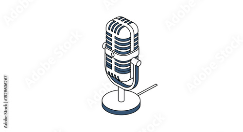 Vintage silver microphone on a round stand shown in a detailed isometric illustration for podcasting and radio.