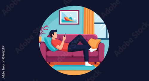 Man lying comfortably on a sofa using a smartphone in a cozy living room with a window and a picture on the wall.