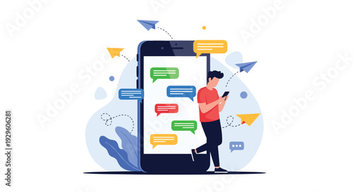 Man using a smartphone standing next to a giant screen with floating message bubbles and paper planes for chat apps.