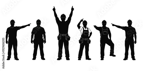 Construction workers silhouette set, industrial labor team pointing gestures, hard hat builder collection isolated on white background vector illustration