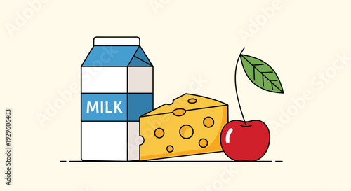 Simple flat illustration of healthy food staples including a carton of fresh milk, a wedge of cheese, and a red cherry with a stem.