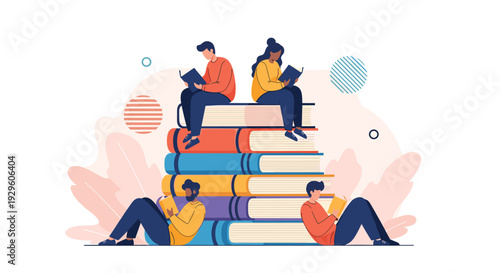 Group of students and avid readers sitting on a giant stack of books while reading to represent education, literacy, and learning.