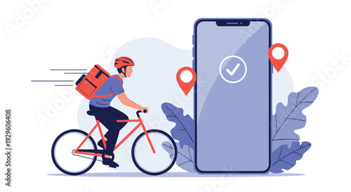 Delivery cyclist rides a red bike next to a large smartphone screen showing a completion checkmark and location pins for order tracking.