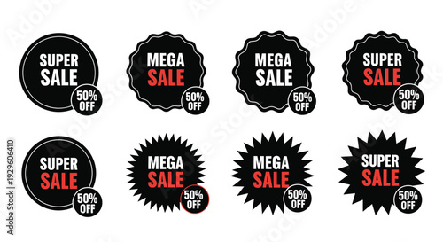 Collection of eight sale badges and promotional stickers featuring super sale and mega sale text with fifty percent off discounts.