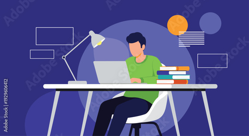 Focused man works late at night using a laptop at his desk with a lamp and books for studying or completing urgent business projects.