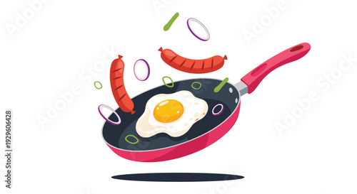 Fried egg, breakfast sausages, and sliced onions being tossed and cooked in a red frying pan for a delicious morning meal concept.