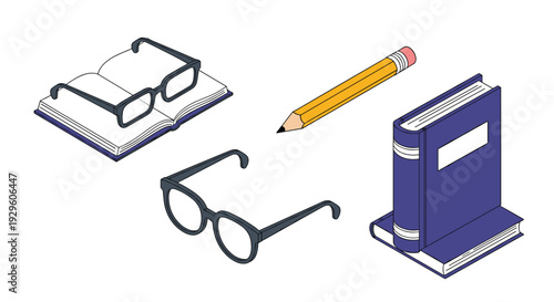 Collection of isometric school stationery including an open book, a yellow pencil, two pairs of glasses, and a blue notebook.