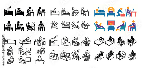 People resting sleeping and sitting in various poses