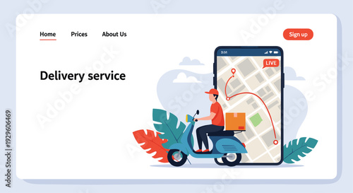 Professional delivery service website template featuring a courier on a blue scooter with a real-time map tracking feature.