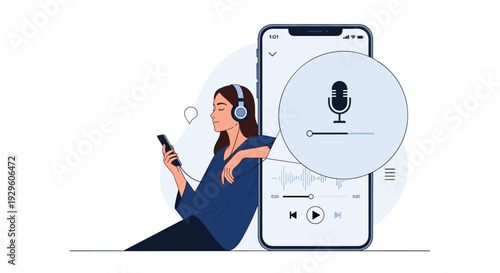 Modern woman wearing headphones while leaning against a large smartphone to listen to a podcast or digital music recording.